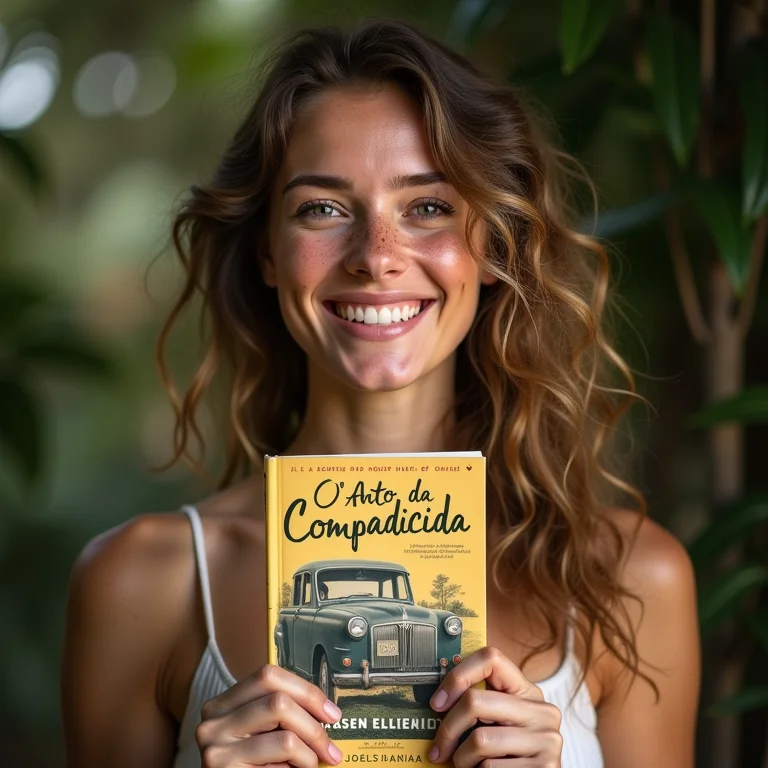 Mulher branca segurando o livro 'O Auto da Compadecida' com alegria.