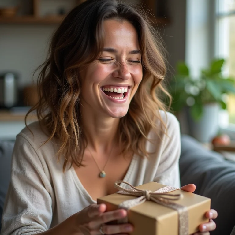 Mulher branca sorrindo ao receber presente personalizado