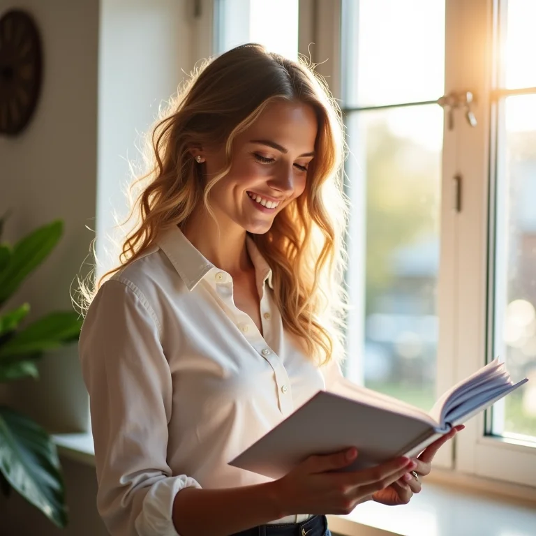 Mulher branca sorrindo ao ver seu planner semanal organizado.