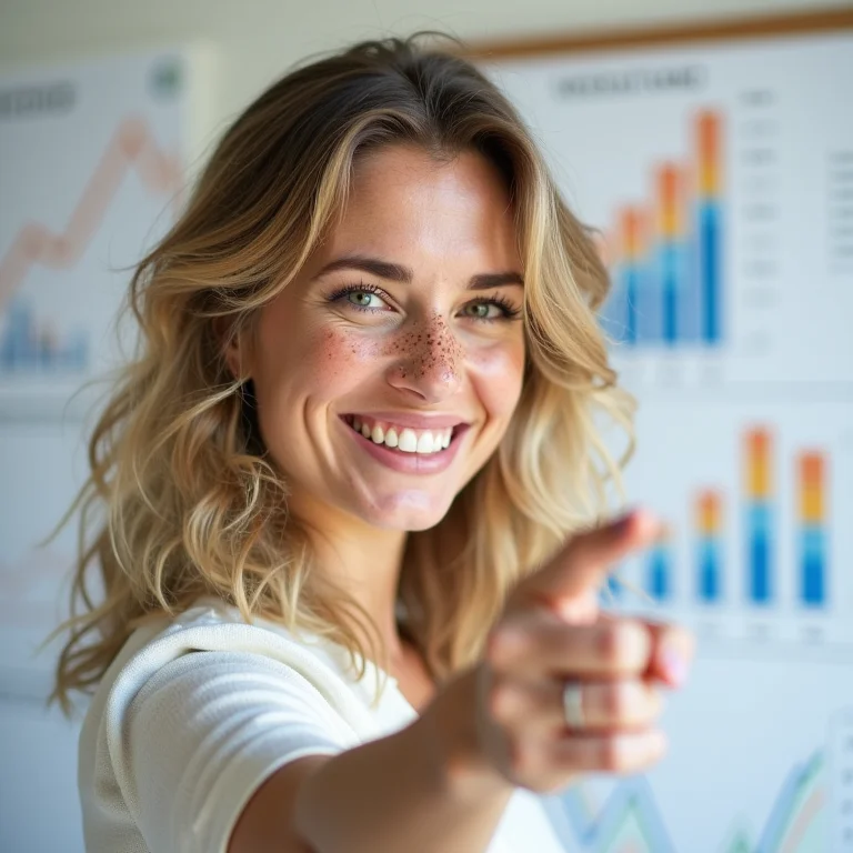 Mulher branca sorrindo apontando para um gráfico de crescimento profissional