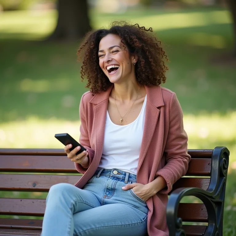 Mulher branca sorrindo com carregador portátil compacto