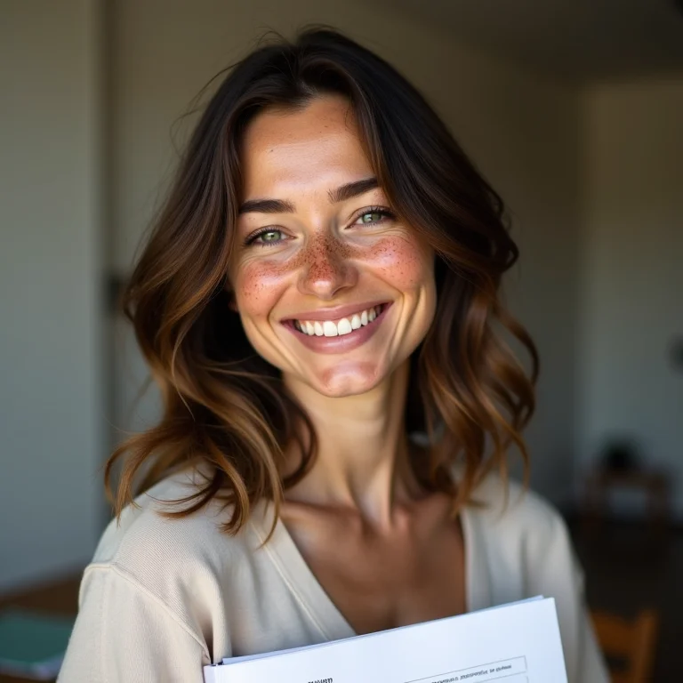 Mulher branca sorrindo com documentos na mão
