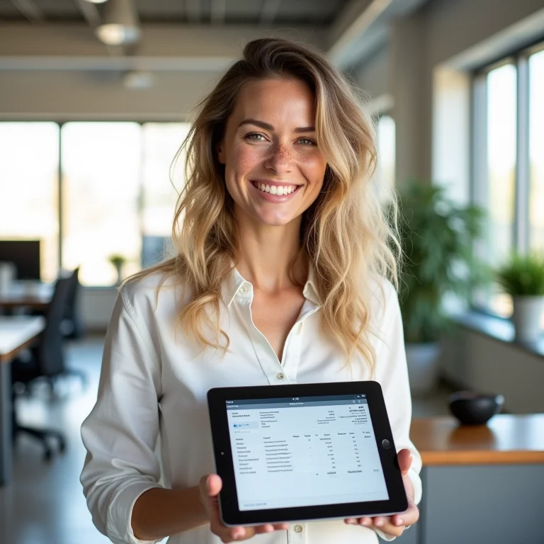 Mulher branca sorrindo com tablet mostrando uma nota fiscal