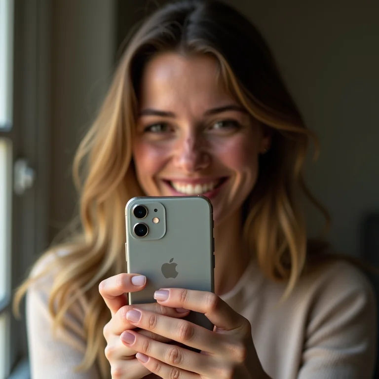 Mulher branca sorrindo com um celular recondicionado da Trocafone.
