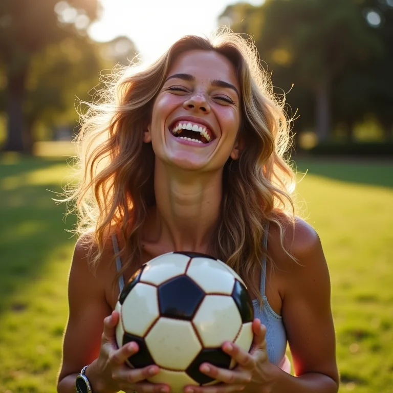Mulher branca sorrindo com uma bola de futebol vintage