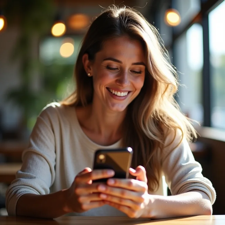 Mulher branca sorrindo durante videoconferência em um café