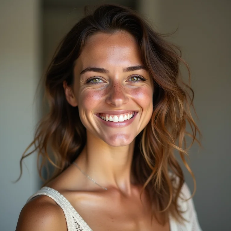 Mulher branca sorrindo e confiante, vestindo roupa casual e estilosa.