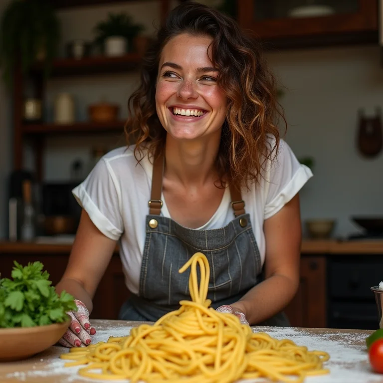 Mulher branca sorrindo em aula de culinária italiana