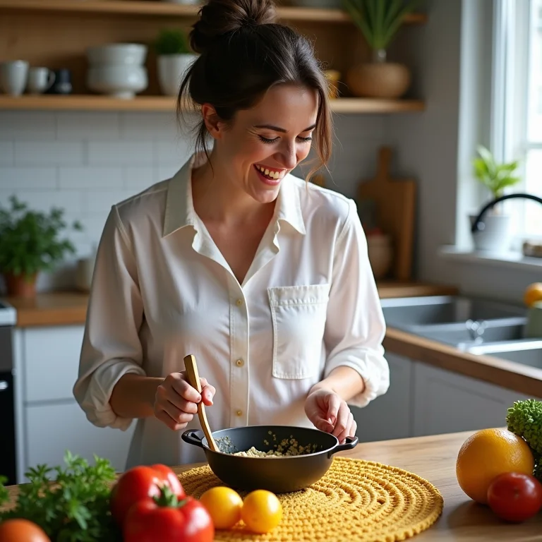 Mulher branca sorrindo em cozinha com tapete de crochê divertido