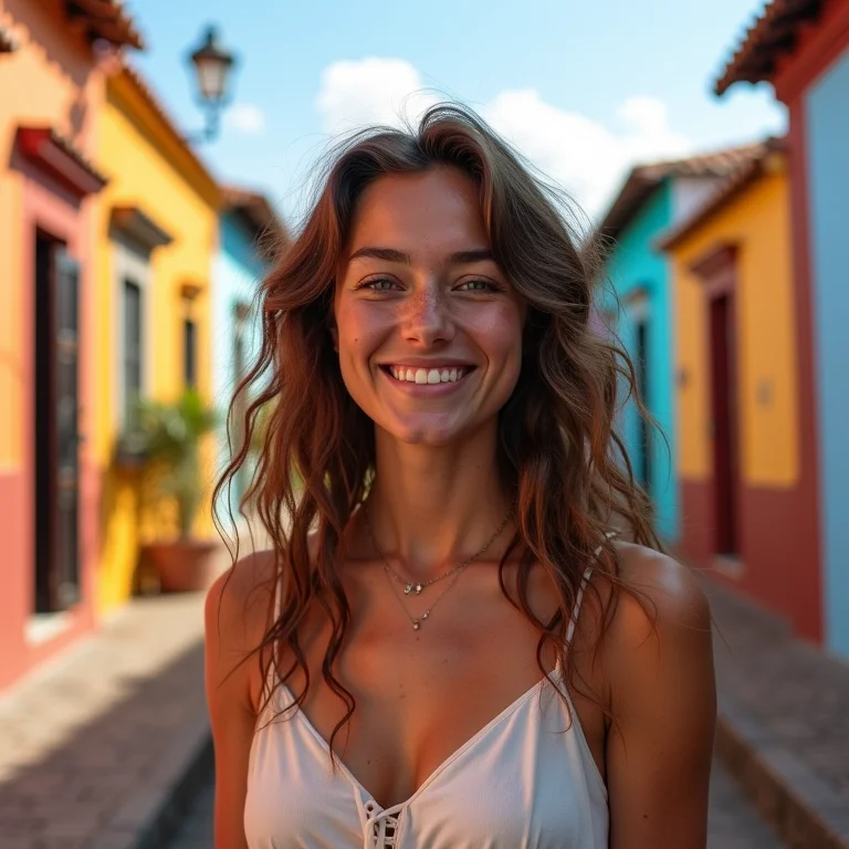 Mulher branca sorrindo em frente a cidade histórica brasileira