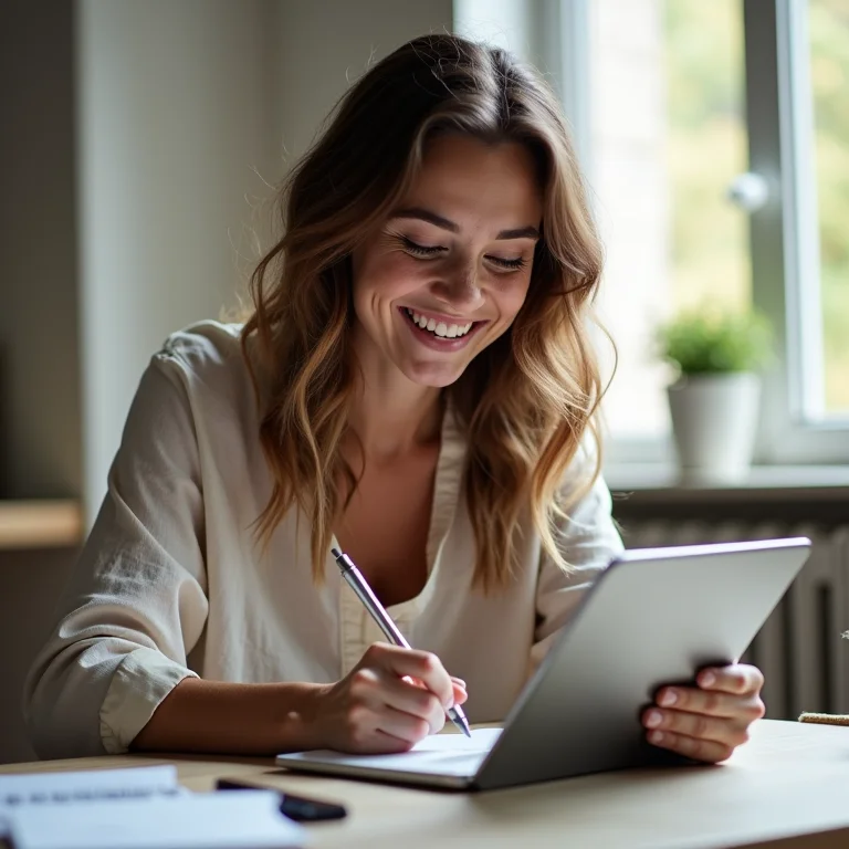 Mulher branca sorrindo enquanto assiste a uma aula online em seu tablet