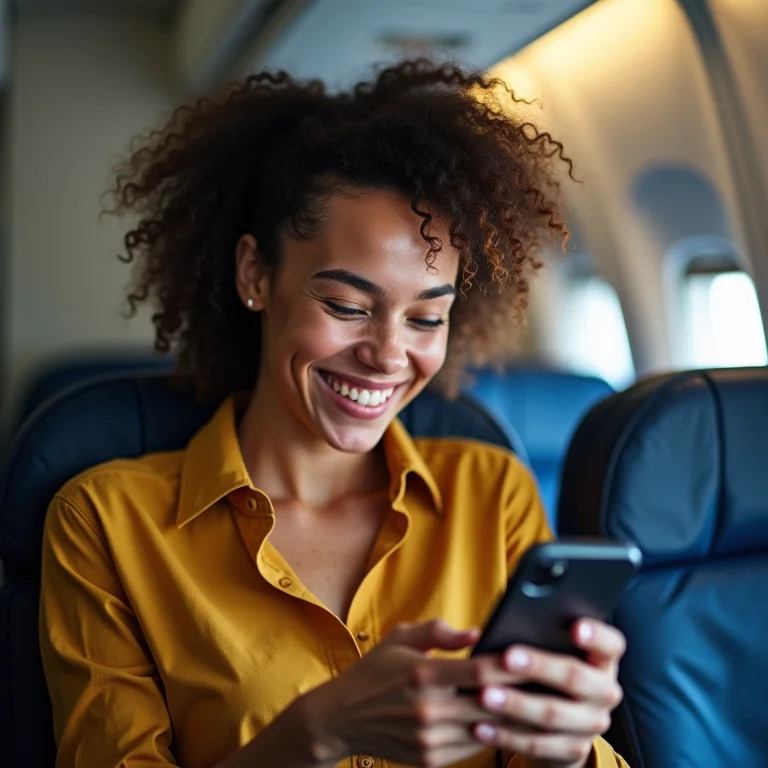 Mulher branca sorrindo enquanto escolhe assento de avião no celular