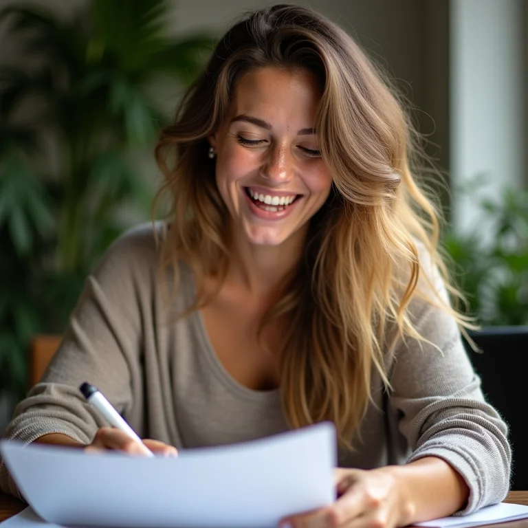 Mulher branca sorrindo enquanto escreve um resumo profissional.