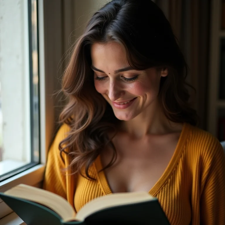 Mulher branca sorrindo enquanto lê um livro