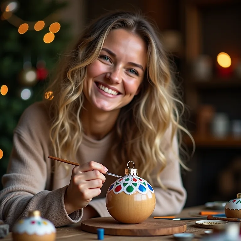 Mulher branca sorrindo enquanto pinta um enfeite de madeira para o Natal.