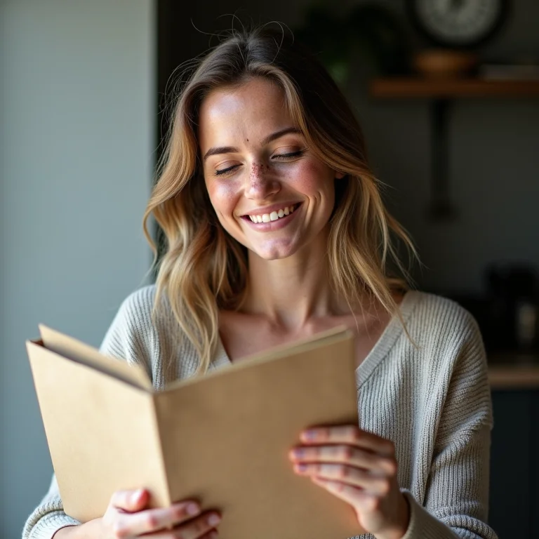Mulher branca sorrindo enquanto planeja compras com cashback.