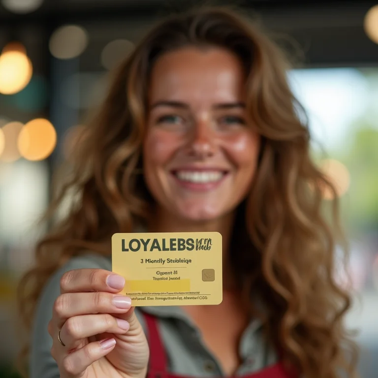 Mulher branca sorrindo enquanto segura um cartão de fidelidade