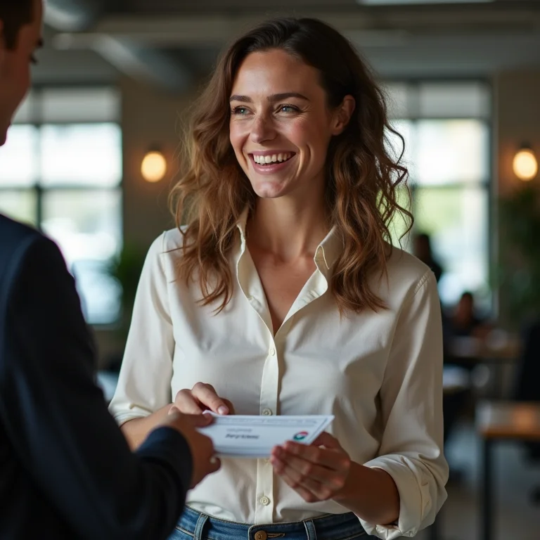 Mulher branca sorrindo entrega vale-transporte para funcionário