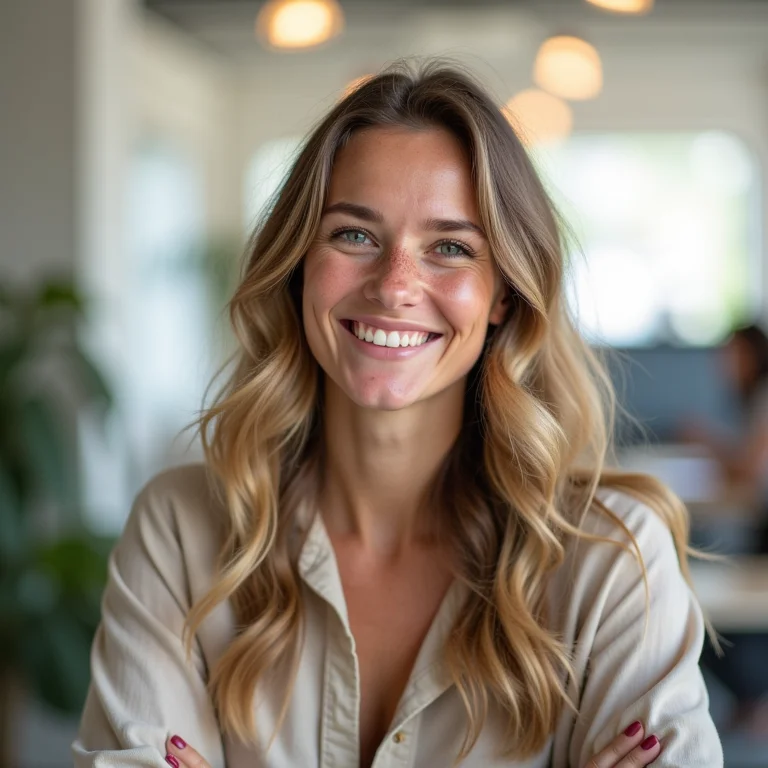 Mulher branca sorrindo, iniciando conversa de feedback no escritório.