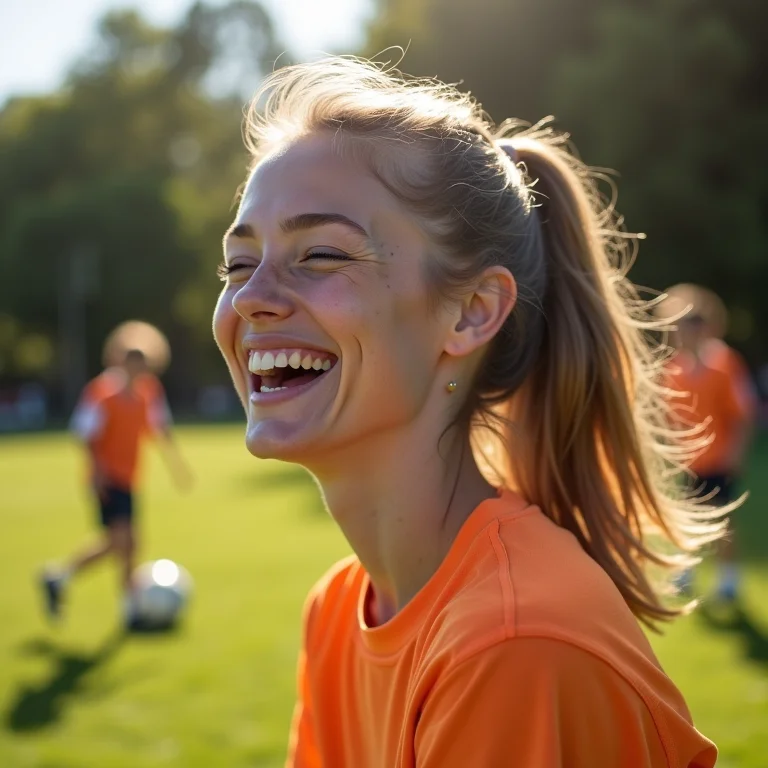 Mulher branca sorrindo jogando futebol em um parque