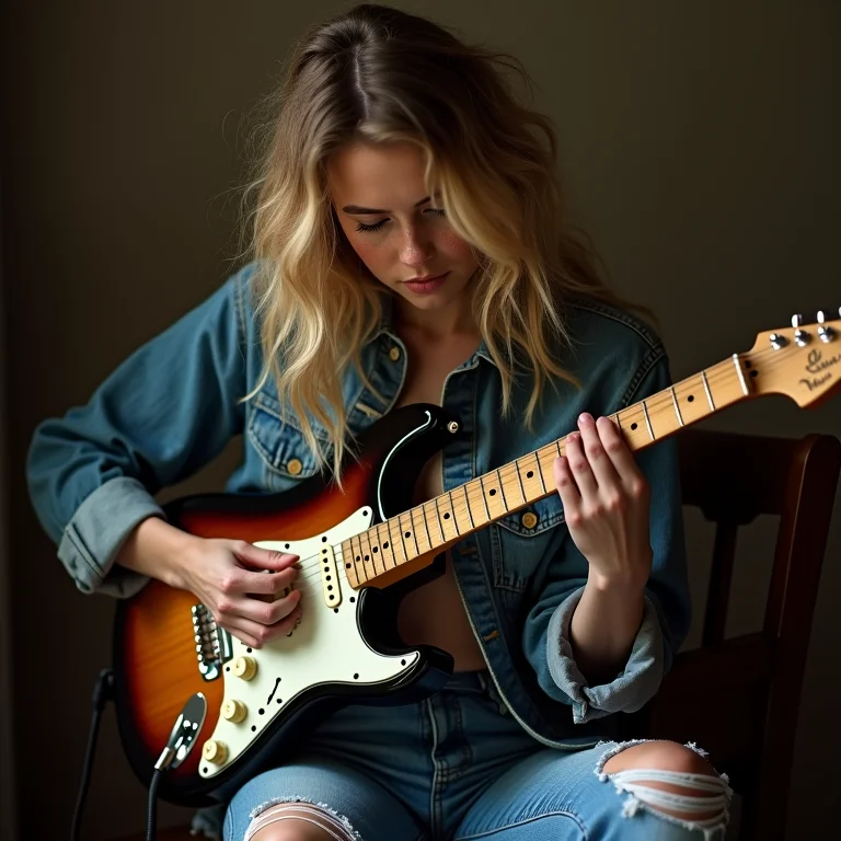 Mulher branca tocando guitarra elétrica com intensidade