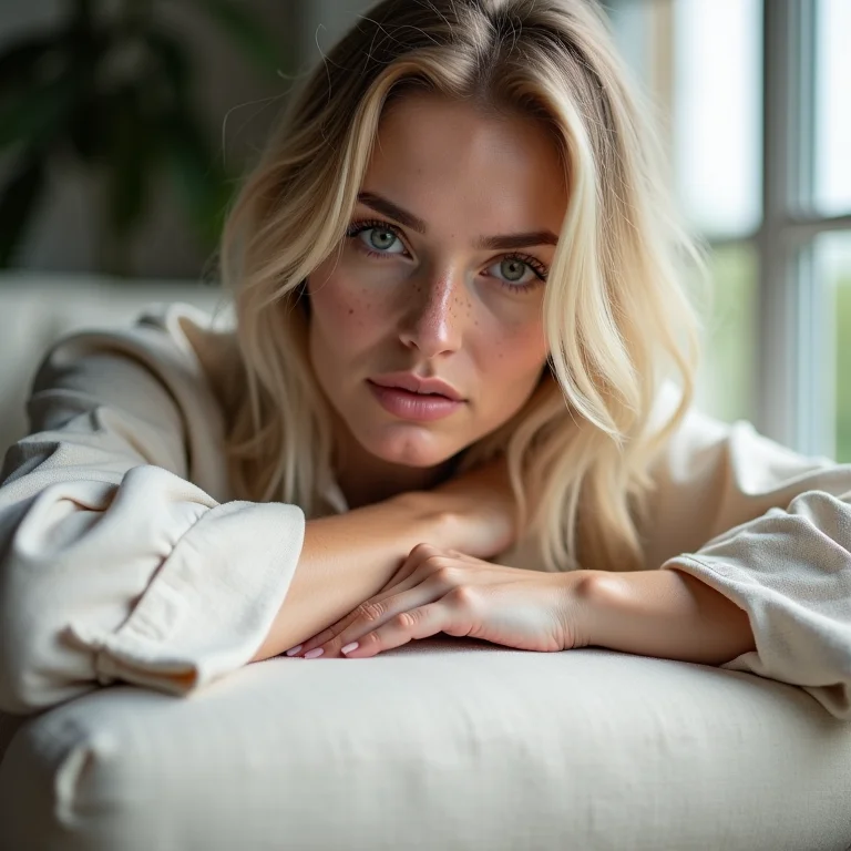 Mulher branca tocando o tecido de um sofá de linho