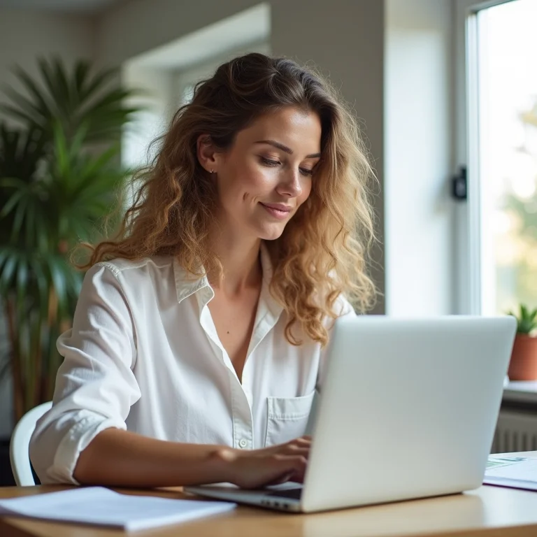 Mulher branca trabalhando em frente a um laptop