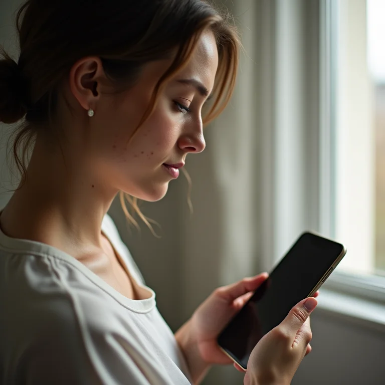 Mulher branca usando DroidCam no celular Android