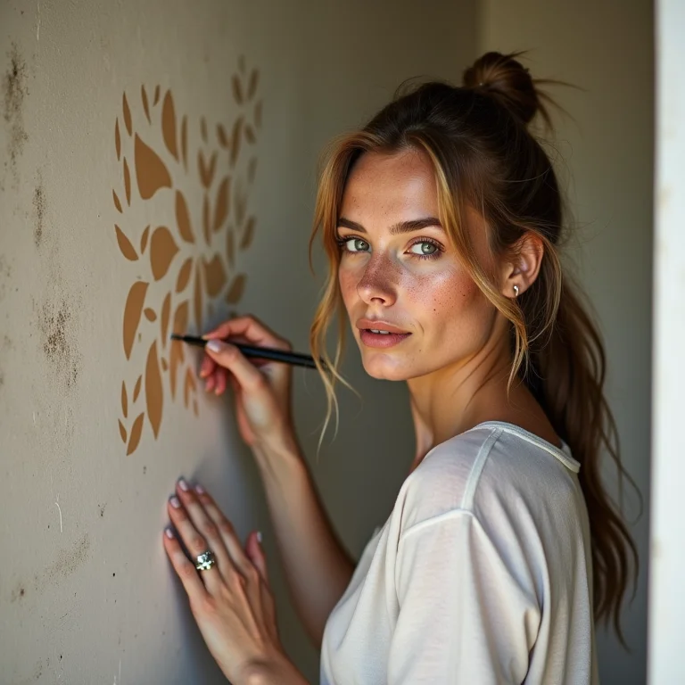 Mulher branca usando estêncil para criar padrão em parede texturizada