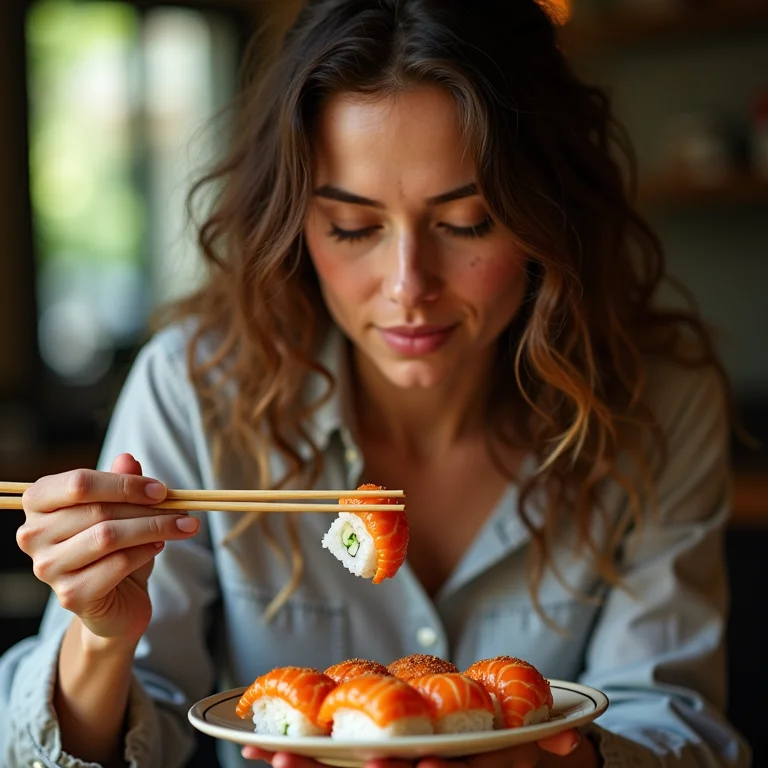 Mulher branca usando hashis corretamente