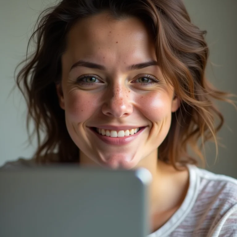 Mulher branca usando o ApowerMirror para espelhar a tela do celular.