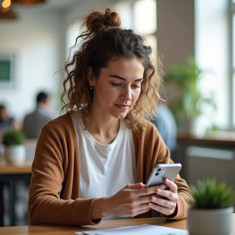 Mulher branca usando o Google Tasks em um espaço de coworking.