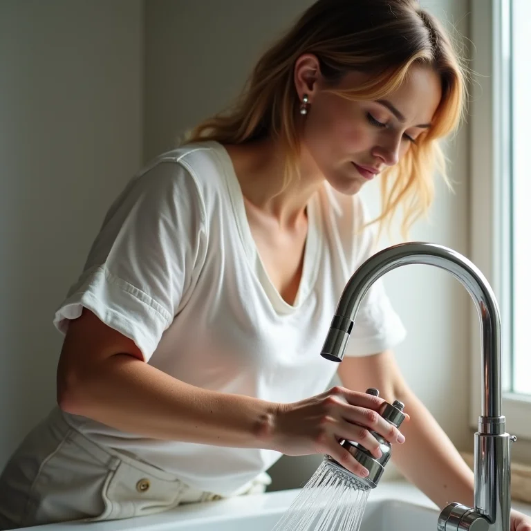 Mulher branca usando torneira gourmet extensível