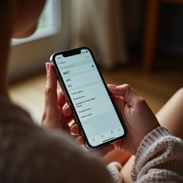 Mulher branca verificando configurações de NFC no celular