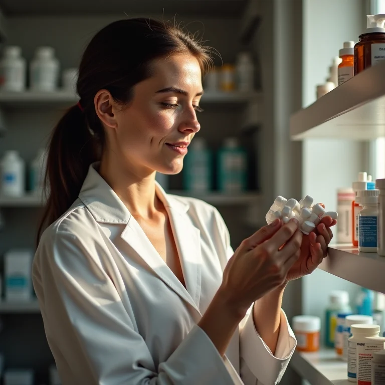 Mulher branca verificando informações de remédio genérico na farmácia