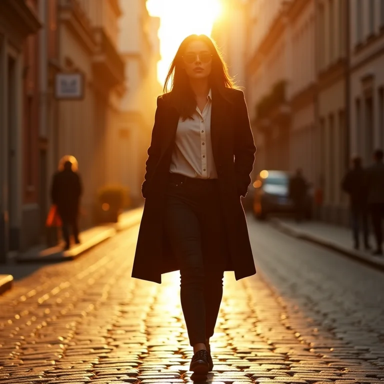 Mulher caminhando confiante em uma rua de paralelepípedos, atenta ao seu entorno