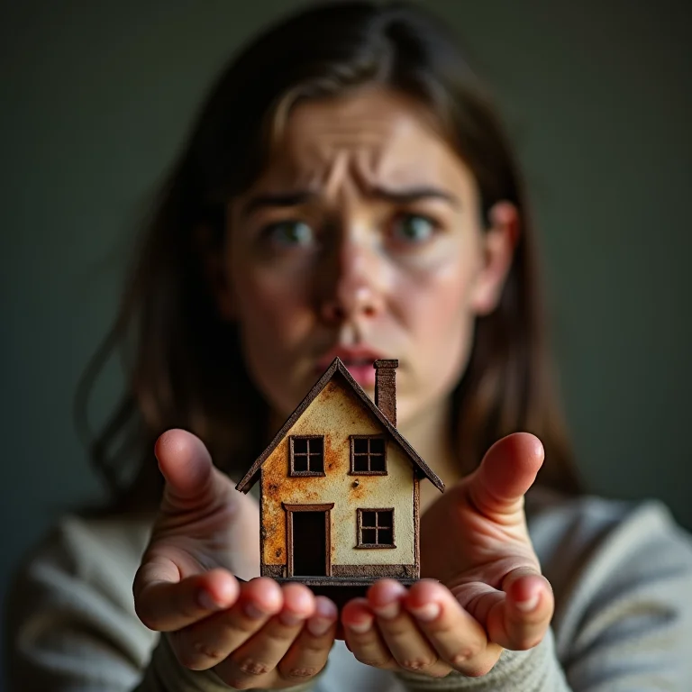 Mulher com expressão preocupada segurando uma casa de bonecas queimada, representando o filme Hereditário.