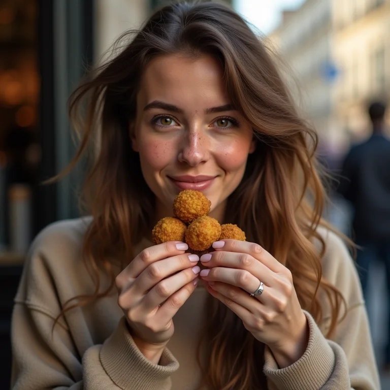 Mulher com sardas saboreando falafel no Marais
