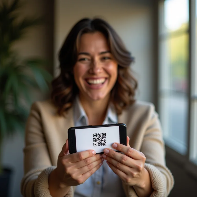 Mulher compartilhando cartão de visita digital por QR code