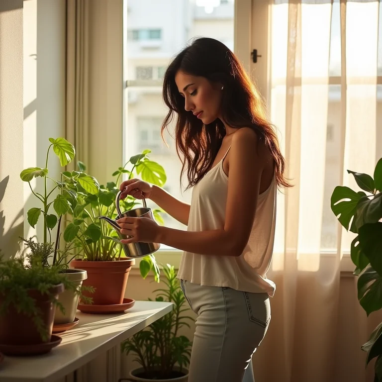 Mulher cuidando de plantas em um apartamento ensolarado, representando renda passiva