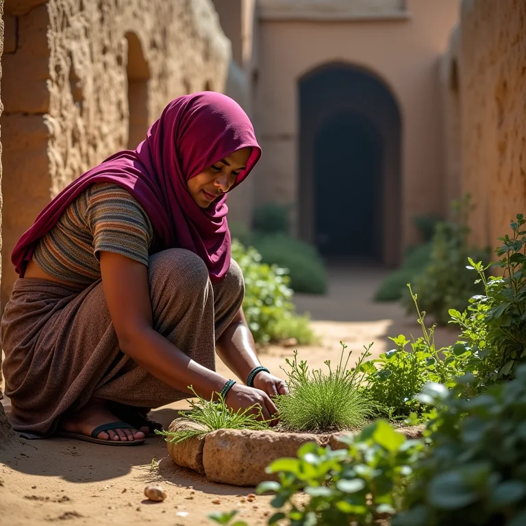 Mulher cuidando de uma horta em uma aldeia operária do Egito Antigo.