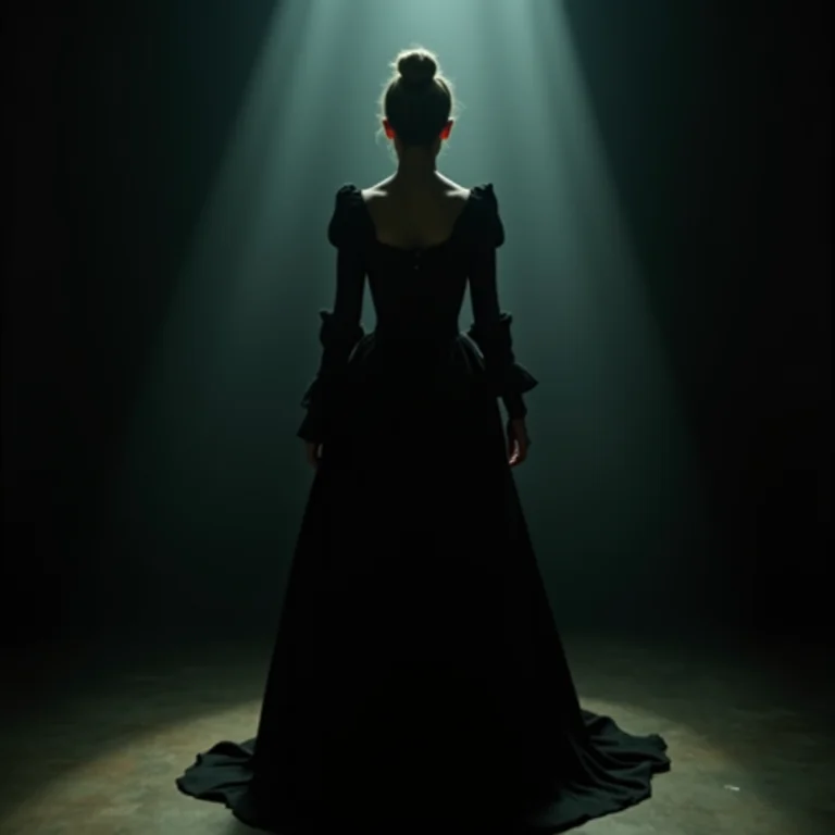 Mulher em pose dramática, vestindo roupas de época como Lady Macbeth, em palco mal iluminado
