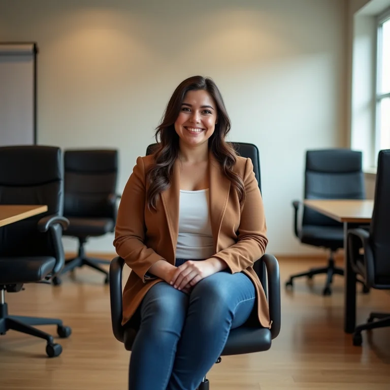 Mulher experimentando diferentes cadeiras de escritório