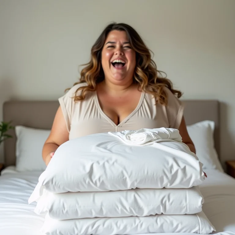 Mulher feliz comprando lençóis de algodão egípcio