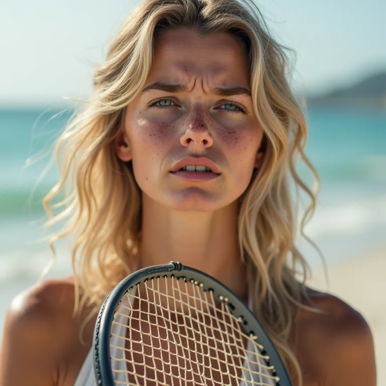 Mulher frustrada segurando raquete de beach tennis quebrada