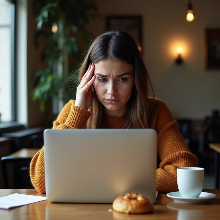 Mulher frustrada tentando usar Wi-Fi gratuito em cafeteria