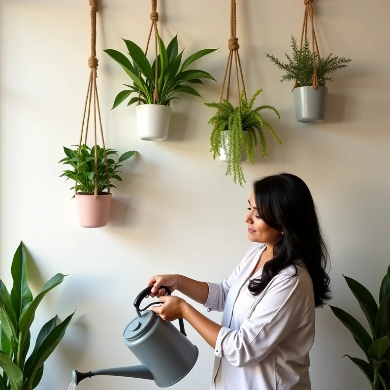 Mulher gorda cuidando de plantas penduradas na parede