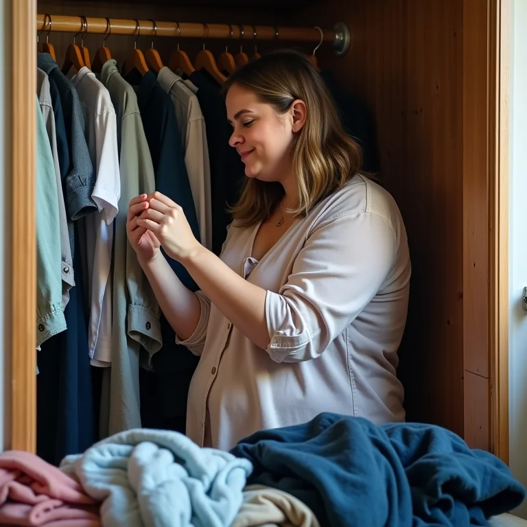 Mulher gorda organizando seu guarda-roupa e separando roupas para doação.