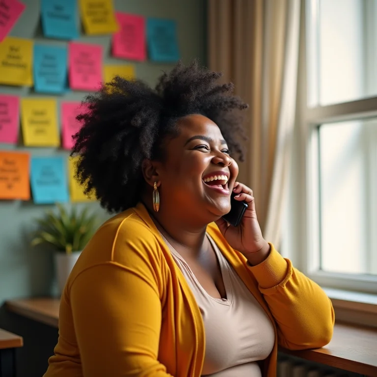 Mulher gorda rindo ao telefone, cercada de notas de apoio.