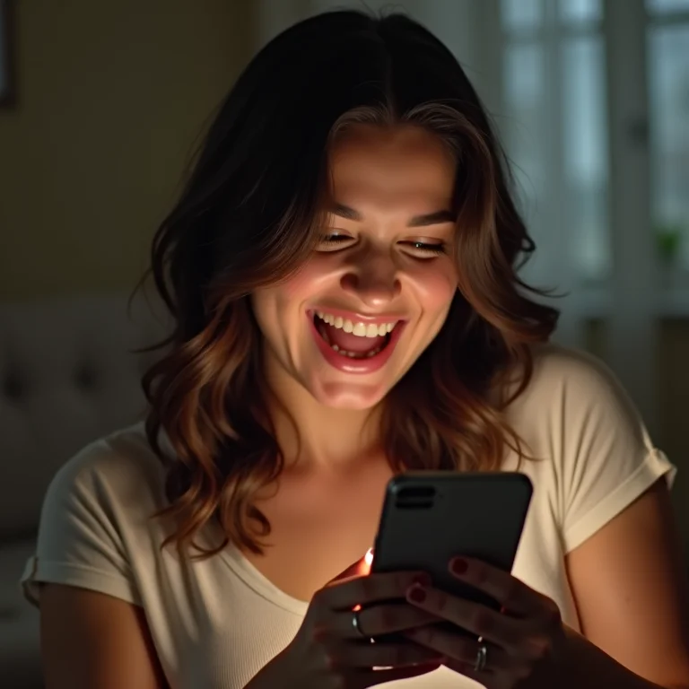 Mulher gorda rindo ao ver memes no celular.